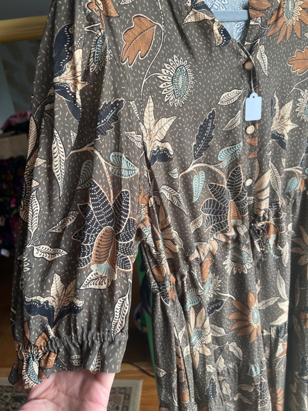 🤩Spartina 449 Olive Floral Tiered Maxi dress with Tan and Blue Accents🤑🤩 - Picture 8 of 11